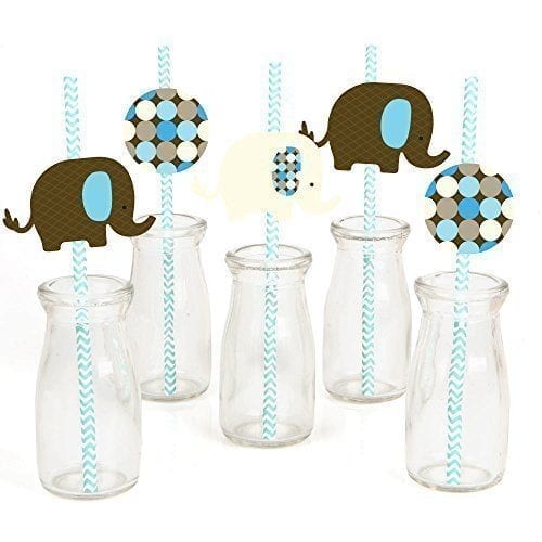 paper straws with brown white and blue elephant toppers