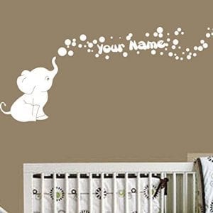 Wall decal white elephant blowing bubbles with personalised name