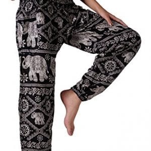 black and white yoga trousers with elephants and indian floral patterns