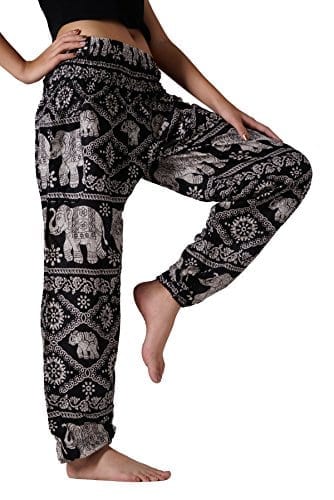black and white yoga trousers with elephants and indian floral patterns